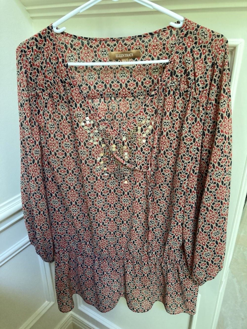 Ellen Tracy Red Sheer Print Sequin Peplum Blouse V Neck Sz XL Boho